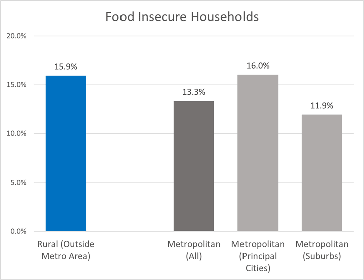 Bar chart showing the percentage of food insecure households by geographic area: Rural (outside metro area), 15.9%; Metropolitan (all), 13.3%; Metropolitan (principal cities) 16.0%; Metropolitan (suburbs) 11.9%.