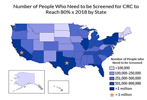 Map by state of the number of people who need CRC screening in 2018