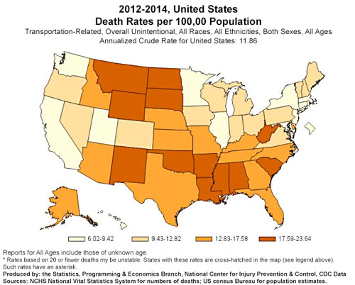 State-level traffic deaths, 2012-2014, created using CDC’s WISQARS data.