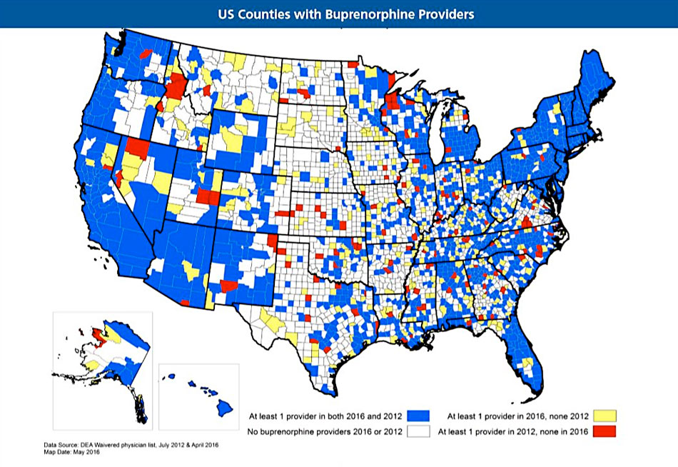 County-level 2012, 2016 comparison of buprenorphine prescribers