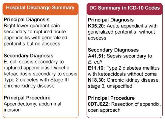 An example of providers’ documentation translated into ICD-10 alphanumerical codes.