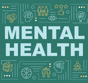 graphic with the words mental health and related icons