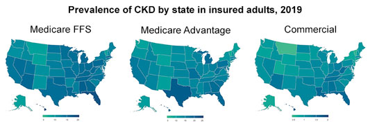 set of 3 maps showing chronic kidney siease rates by state by insurance type