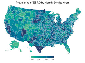 Map showing prevalence of end stage renal disease by health service area