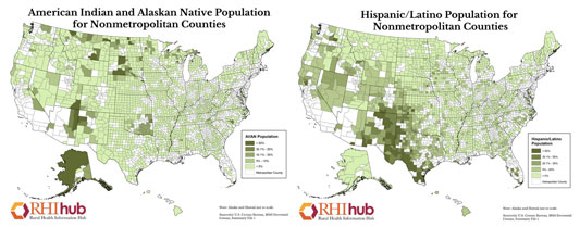 Maps showing American Indian and Alaska Native and Hispanic/Latino nonmetro county population