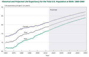 line chart showing life expectancy from 1960 through 2060