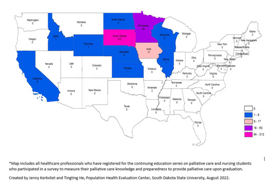 U.S. map showing participants in the South Dakota Palliative Care Network education program for 2021-2022